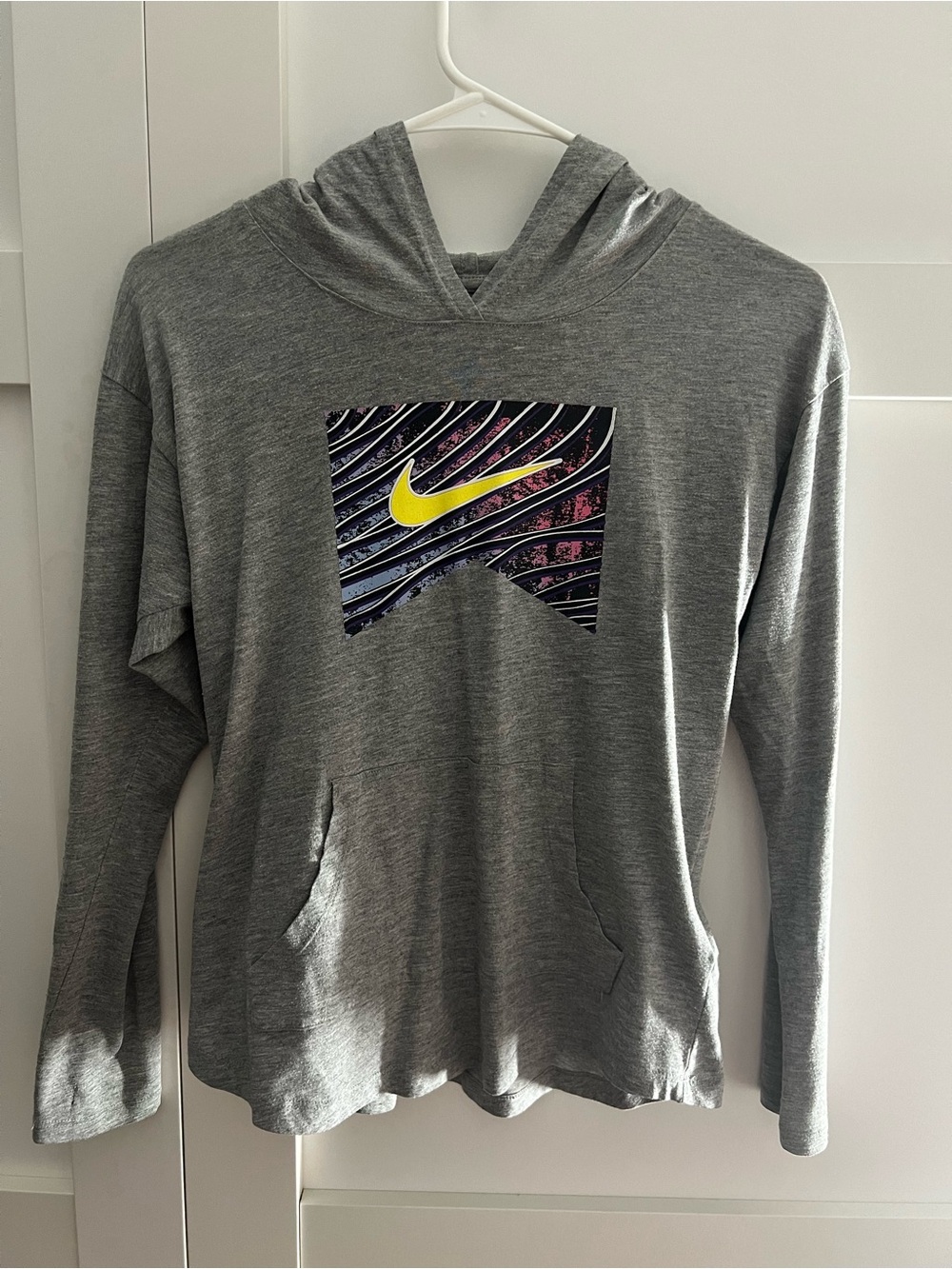 Nike Grey Hoodie with Yellow Swoosh Graphic Panel